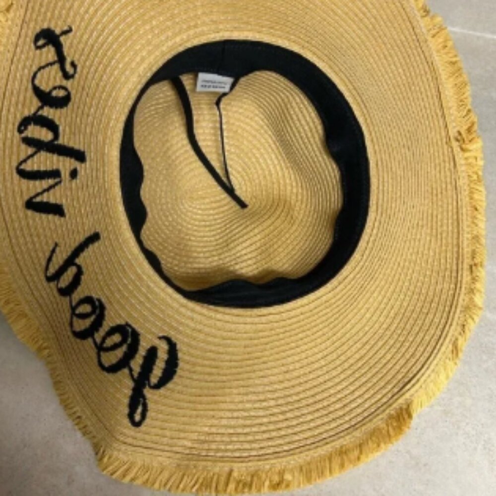 CC brand straw sun hat Tan Wide Brim Hat with Black Band “good vibes” Womens OS - Picture 5 of 5
